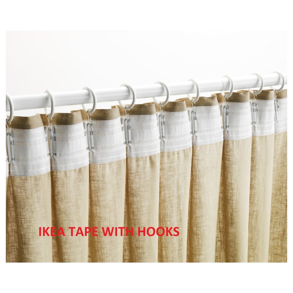 Add curtain tape with hooks for ceiling track system or rods with