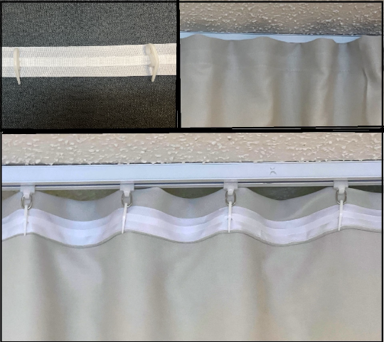 1″ tape with plastic hooks for ceiling track system or rods with rings,  tape will be sewing into the top of curtain. Curtains not included –  Ikiriska