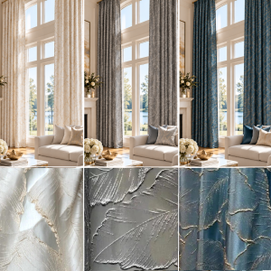 Curtains 8-20 ft long with leaves flower Pattern (1 panel)  wide grey and blue  and beige with gold leaves